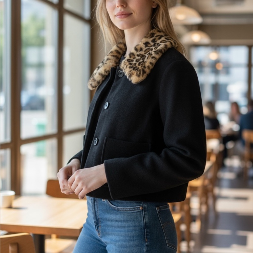 Black Jacket with Leopard Print Collar